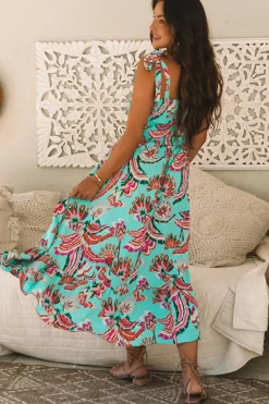 Sale Dear-Lover Abstract Print Smocked Bodice Knotted Straps Ruffled Maxi Dress Green