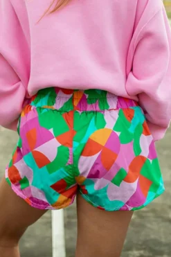 Clearance Dear-Lover Abstract Print Smock Waist Casual Shorts Green