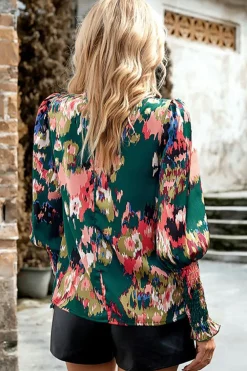 Hot Dear-Lover Abstract Print Smocked Cuffs Frilled Neck Blouse Green