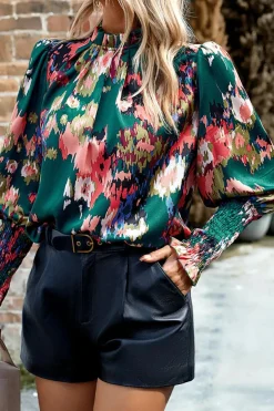 Hot Dear-Lover Abstract Print Smocked Cuffs Frilled Neck Blouse Green