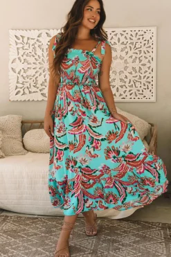 Sale Dear-Lover Abstract Print Smocked Bodice Knotted Straps Ruffled Maxi Dress Green