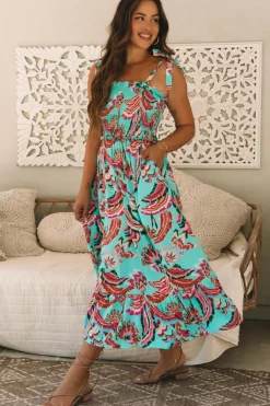 Sale Dear-Lover Abstract Print Smocked Bodice Knotted Straps Ruffled Maxi Dress Green