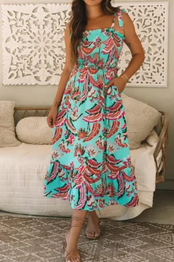 Sale Dear-Lover Abstract Print Smocked Bodice Knotted Straps Ruffled Maxi Dress Green