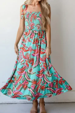 Sale Dear-Lover Abstract Print Smocked Bodice Knotted Straps Ruffled Maxi Dress Green