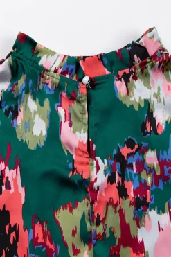 Hot Dear-Lover Abstract Print Smocked Cuffs Frilled Neck Blouse Green