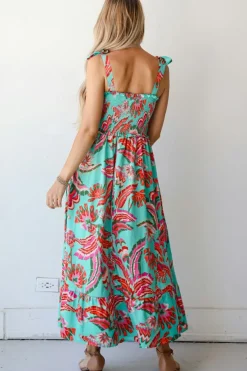 Sale Dear-Lover Abstract Print Smocked Bodice Knotted Straps Ruffled Maxi Dress Green