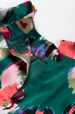 Hot Dear-Lover Abstract Print Smocked Cuffs Frilled Neck Blouse Green