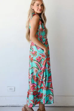 Sale Dear-Lover Abstract Print Smocked Bodice Knotted Straps Ruffled Maxi Dress Green