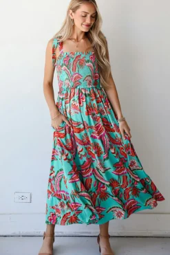 Sale Dear-Lover Abstract Print Smocked Bodice Knotted Straps Ruffled Maxi Dress Green