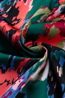 Hot Dear-Lover Abstract Print Smocked Cuffs Frilled Neck Blouse Green