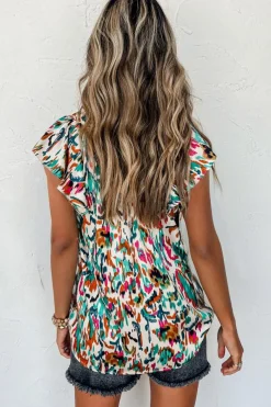 Outlet Dear-Lover Abstract Print Split Neck Ruffle Sleeve Blouse Green