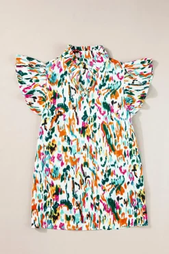 Outlet Dear-Lover Abstract Print Split Neck Ruffle Sleeve Blouse Green