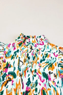 Outlet Dear-Lover Abstract Print Split Neck Ruffle Sleeve Blouse Green