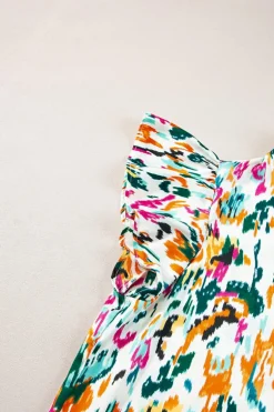 Outlet Dear-Lover Abstract Print Split Neck Ruffle Sleeve Blouse Green