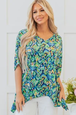 Clearance Dear-Lover Abstract Print V Neck Half Sleeve Loose Fit Tunic Blouse Green