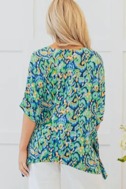 Clearance Dear-Lover Abstract Print V Neck Half Sleeve Loose Fit Tunic Blouse Green