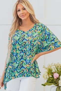 Clearance Dear-Lover Abstract Print V Neck Half Sleeve Loose Fit Tunic Blouse Green