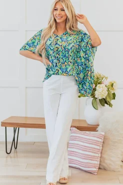 Clearance Dear-Lover Abstract Print V Neck Half Sleeve Loose Fit Tunic Blouse Green