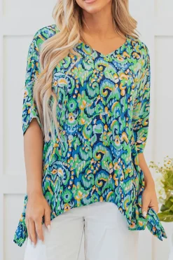 Clearance Dear-Lover Abstract Print V Neck Half Sleeve Loose Fit Tunic Blouse Green