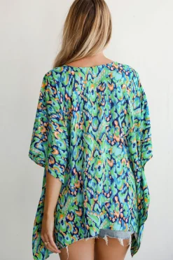Clearance Dear-Lover Abstract Print V Neck Half Sleeve Loose Fit Tunic Blouse Green