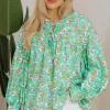 Hot Dear-Lover Abstract Printed Lace-up Lantern Sleeve Babydoll Blouse Green