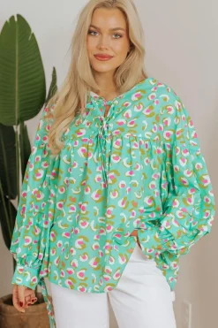 Hot Dear-Lover Abstract Printed Lace-up Lantern Sleeve Babydoll Blouse Green