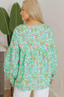 Hot Dear-Lover Abstract Printed Lace-up Lantern Sleeve Babydoll Blouse Green