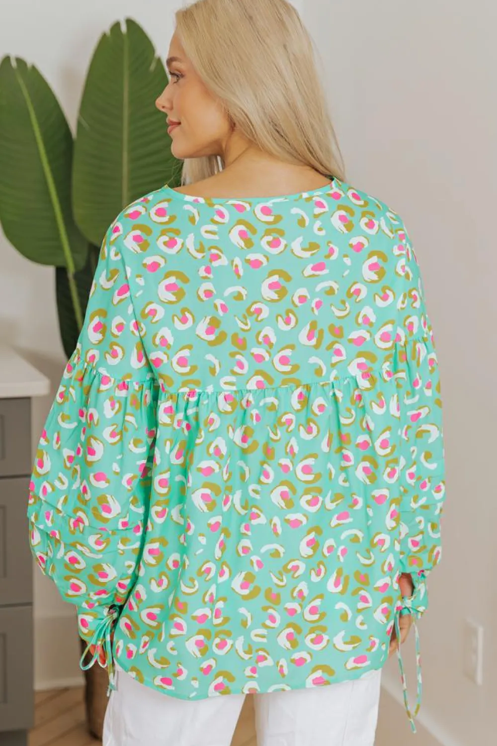 Hot Dear-Lover Abstract Printed Lace-up Lantern Sleeve Babydoll Blouse Green