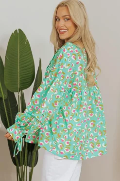 Hot Dear-Lover Abstract Printed Lace-up Lantern Sleeve Babydoll Blouse Green