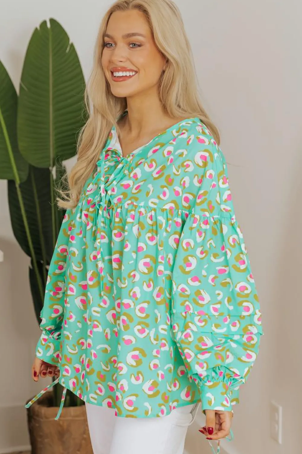 Hot Dear-Lover Abstract Printed Lace-up Lantern Sleeve Babydoll Blouse Green