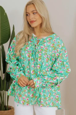 Hot Dear-Lover Abstract Printed Lace-up Lantern Sleeve Babydoll Blouse Green