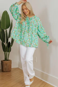 Hot Dear-Lover Abstract Printed Lace-up Lantern Sleeve Babydoll Blouse Green