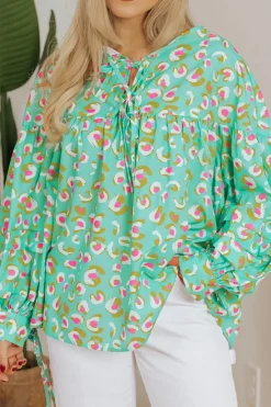Hot Dear-Lover Abstract Printed Lace-up Lantern Sleeve Babydoll Blouse Green