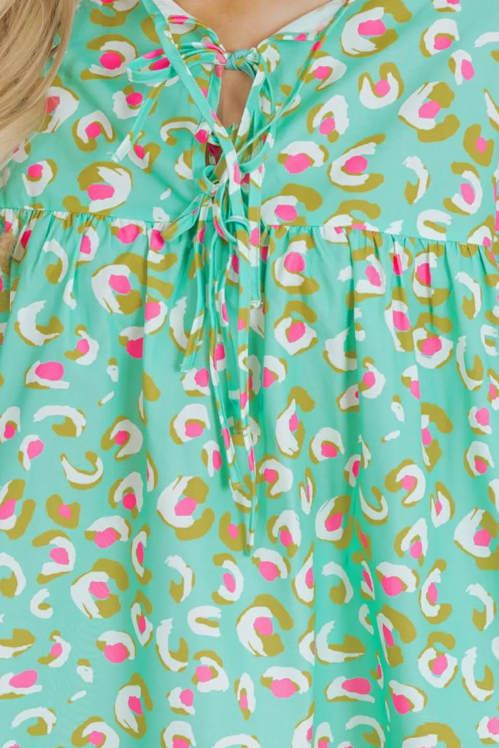 Hot Dear-Lover Abstract Printed Lace-up Lantern Sleeve Babydoll Blouse Green