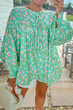 Hot Dear-Lover Abstract Printed Lace-up Lantern Sleeve Babydoll Blouse Green
