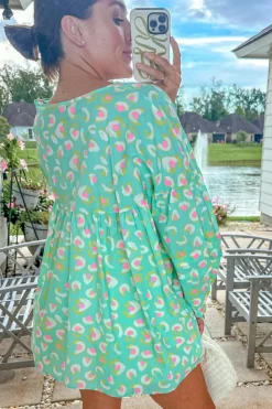 Hot Dear-Lover Abstract Printed Lace-up Lantern Sleeve Babydoll Blouse Green
