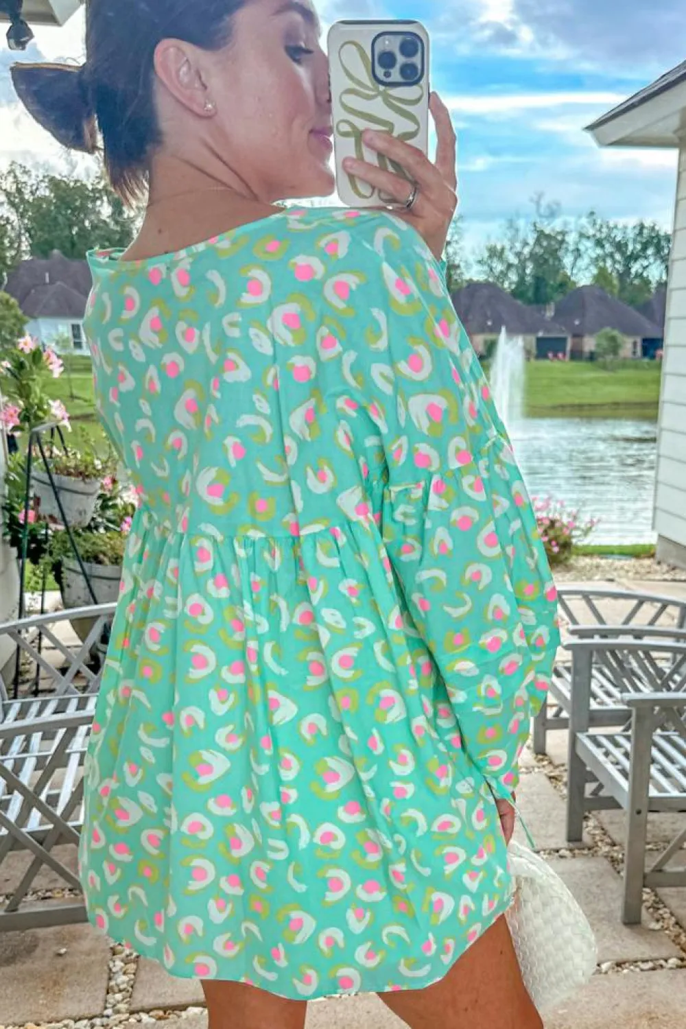 Hot Dear-Lover Abstract Printed Lace-up Lantern Sleeve Babydoll Blouse Green