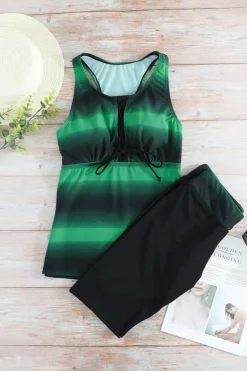 New Dear-Lover Black Ombre Print Racerback Tankini Swimsuit Green