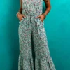 Best Dear-Lover Bohemian Floral Ruffle Bottom Spaghetti Strap Jumpsuit Green