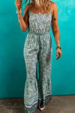 Best Dear-Lover Bohemian Floral Ruffle Bottom Spaghetti Strap Jumpsuit Green