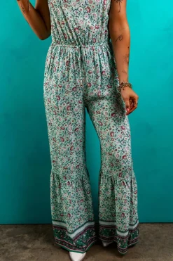 Best Dear-Lover Bohemian Floral Ruffle Bottom Spaghetti Strap Jumpsuit Green
