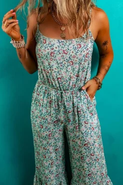 Best Dear-Lover Bohemian Floral Ruffle Bottom Spaghetti Strap Jumpsuit Green