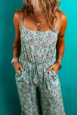 Best Dear-Lover Bohemian Floral Ruffle Bottom Spaghetti Strap Jumpsuit Green