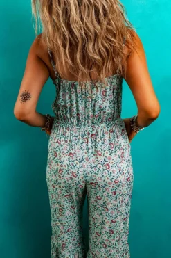 Best Dear-Lover Bohemian Floral Ruffle Bottom Spaghetti Strap Jumpsuit Green