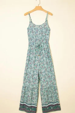 Best Dear-Lover Bohemian Floral Ruffle Bottom Spaghetti Strap Jumpsuit Green