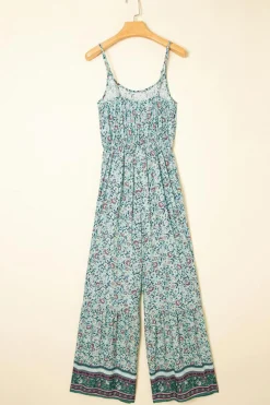 Best Dear-Lover Bohemian Floral Ruffle Bottom Spaghetti Strap Jumpsuit Green