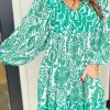 Fashion Dear-Lover Bohemian Print Puff Sleeve Tied V Neck Flared Mini Dress Green
