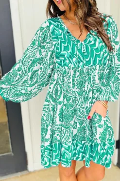 Fashion Dear-Lover Bohemian Print Puff Sleeve Tied V Neck Flared Mini Dress Green