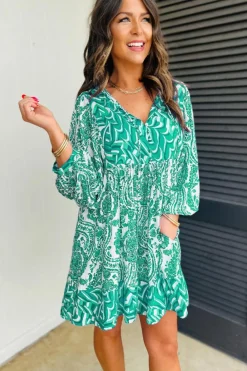 Fashion Dear-Lover Bohemian Print Puff Sleeve Tied V Neck Flared Mini Dress Green