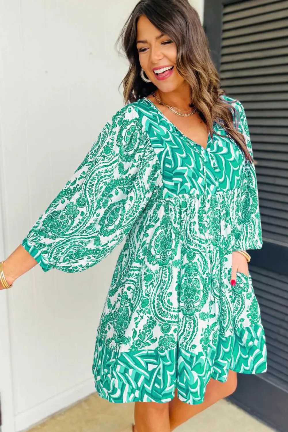 Fashion Dear-Lover Bohemian Print Puff Sleeve Tied V Neck Flared Mini Dress Green